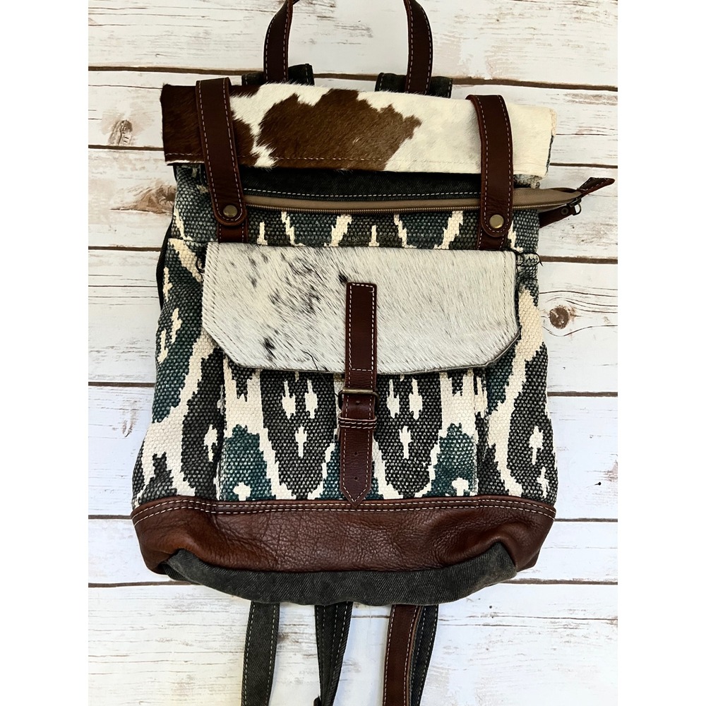 Myra Bag Backpack Multi Color Canvas Leather Cowhide Western Boho Large OS